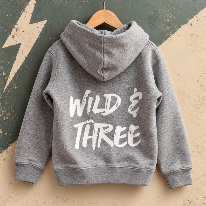 May include: A heather gray long-sleeve hooded sweatshirt featuring a hood and long sleeves. The back of the garment displays the white text "WILD & THREE" in a bold, brush-stroke style font. The hoodie is displayed on a wooden hanger.