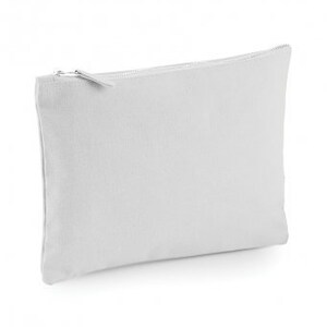 May include: A plain white canvas zippered pouch. The pouch is made of a soft, durable fabric and has a zipper closure.