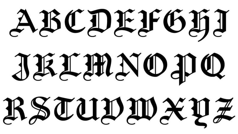 K&ouml;nnte beinhalten: Schwarzwei&szlig;bild des englischen Alphabets in einem traditionellen altenglischen Schriftstil.