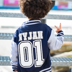 Baseball Style Kids Varsity Jacket, Custom Letterman Name & Number College Football Jacket for Boy or Girl image 3