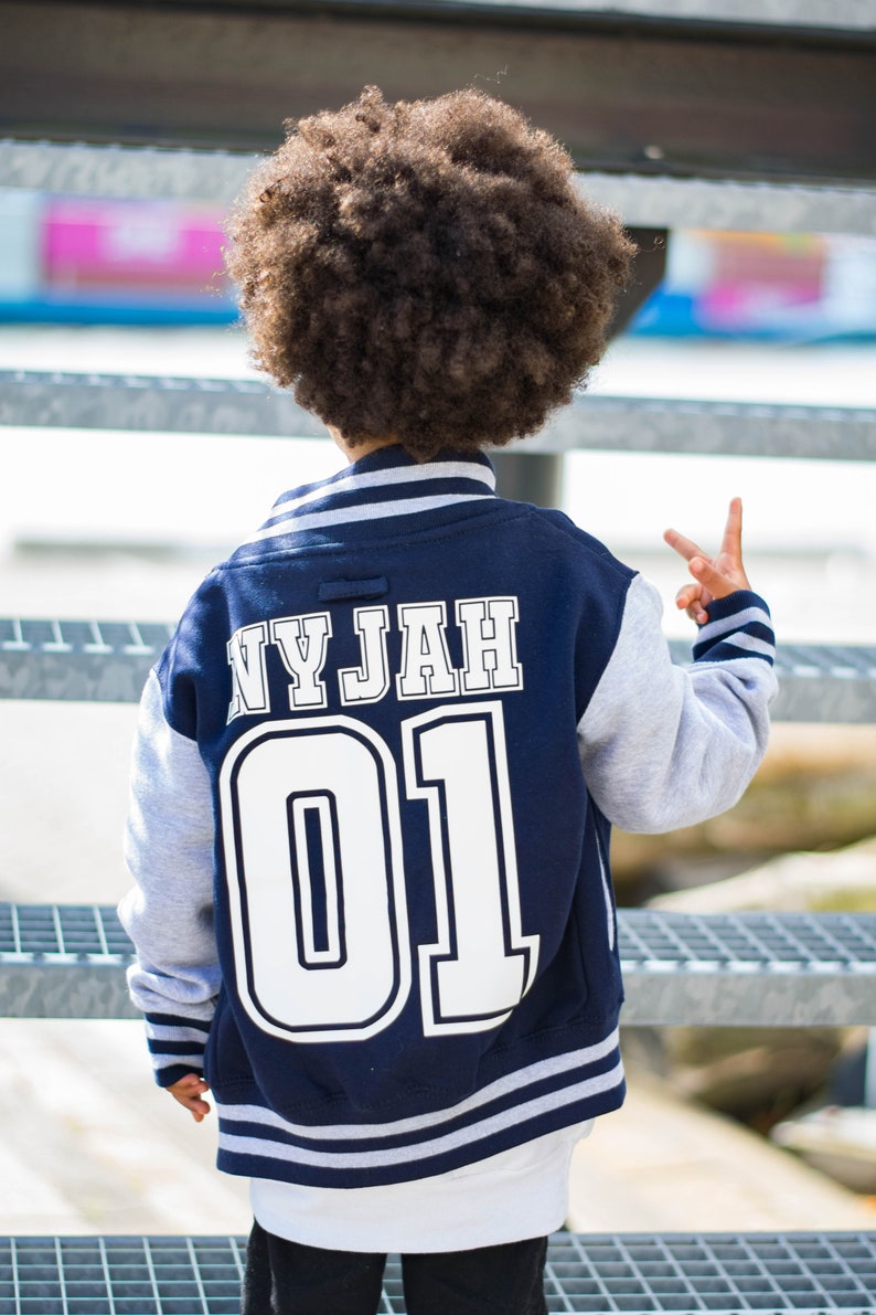 Baseball Style Kids Varsity Jacket, Custom Letterman Name & Number College Football Jacket for Boy or Girl image 3