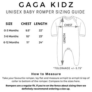 May include: A black and white sizing guide for a GAGA KIDZ unisex baby romper. The chart lists sizes from 0-3 to 6-12 months with chest and length measurements in inches. A line drawing of a romper shows where to measure, with a tolerance of +/- 0.75 inches.