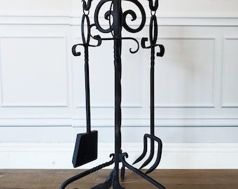 Vintage Fireplace Tool Set With StandBlack Wrought Iron Heavy Twist Scroll