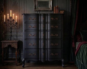 AVAILABLE! Romantic French Boudoir Provincial Chest on Chest Highboy Dresser Black Bedroom Vintage Antique Whimsigoth Gothic Glam
