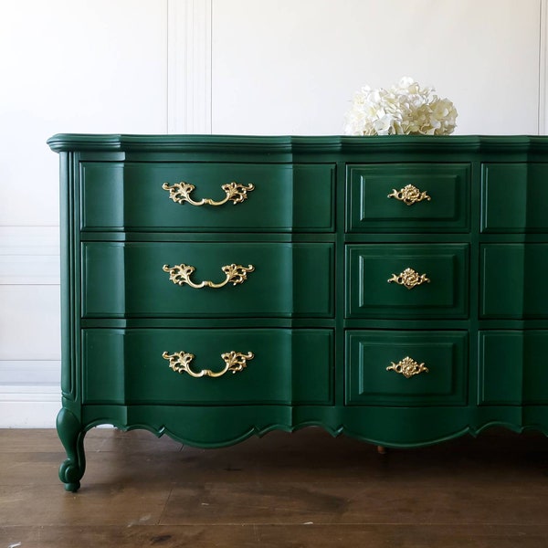 AVAILABLE! Free Shipping! French Dresser Emerald Green Gold Boudoir Thomasville Vintage Glam Shabby Chic Provincial Bedroom Buffet Regency