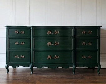 AVAILABLE! Free Shipping! French Provincial 9 Drawer Dresser Matte Dark Green Traditional Moody Glam  Bedroom Custom Colors