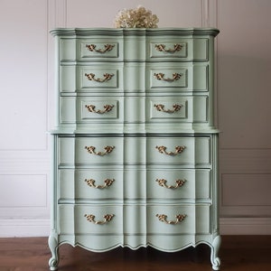 AVAILABLE! Free Shipping! Thomasville Hollywood Glam Dresser Shabby Chic French Provincial Pale Aged Mint Green Bedroom Highboy Chest