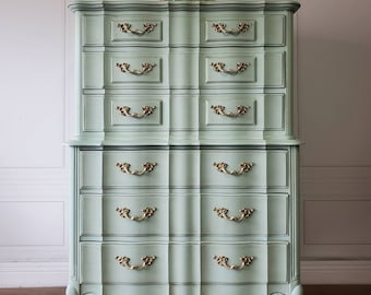 AVAILABLE! Free Shipping! Thomasville Hollywood Glam Dresser Shabby Chic French Provincial Pale Aged Mint Green Bedroom Highboy Chest