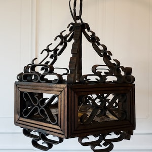 RARE! Spanish Revival Monterey Mission Hacienda Style Chandelier Hanging Light Wrought Iron Colored Glass Gothic Medieval Light