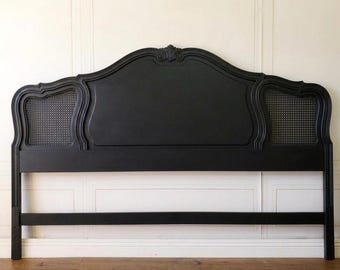 AVAILABLE! Free Shipping! King  French Provincial Thomasville Court Vintage Matte Black Bed Headboard Bedroom Cane Cottage Gothic Moody