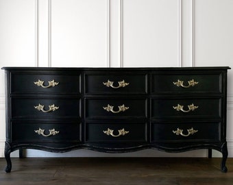 AVAILABLE! Free Shipping! French Provincial Dixie DuBarry 9 Drawer Dresser Matte Black Aged Patina Glam Hollywood Chic Bedroom Custom Colors