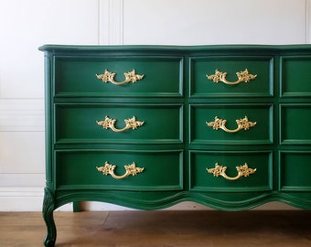 SIMILAR AVAILABLE! Free Shipping! Emerald Green Boudoir Dixie Vintage Dresser Glam Shabby Chic French Provincial Bedroom Buffet