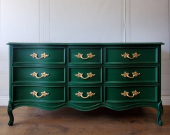 SIMILAR AVAILABLE! Free Shipping! Emerald Green Boudoir Dixie Vintage Dresser Glam Shabby Chic French Provincial Bedroom Buffet