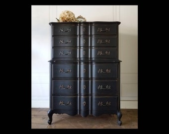 AVAILABLE! Free Shipping!Romantic French Boudoir Provincial Chest on Chest Highboy Dresser Black Shabby Chic Bedroom Vintage Antique