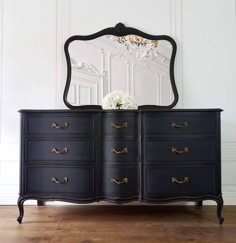 Available Black Glam Drexel Touraine French Provincial Vintage 9 Drawer Dresser Mirror Boudoir Chic Hollywood Bedroom Southern California