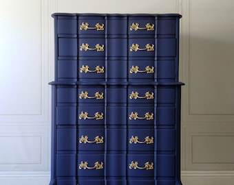 SIMILAR AVAILABLE! Free Shipping! Permacraft Hollywood Glam Dresser Royal Blue Gold French Provincial Bedroom Highboy Chest