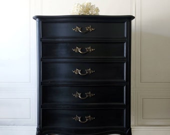 AVAILABLE! Free Shipping! Dixie Boudoir Matte Black Chic Highboy Chest Dresser Glam Hollywood Mancini Antique Southern California