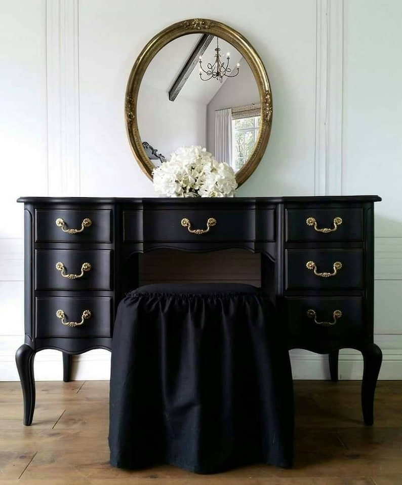 Free Shipping Rare French Vintage Vanity Boudoir Black Glam Mirror Provincial Hollywood Mancini Make-Up Table Desk Ruffled Bench Pending