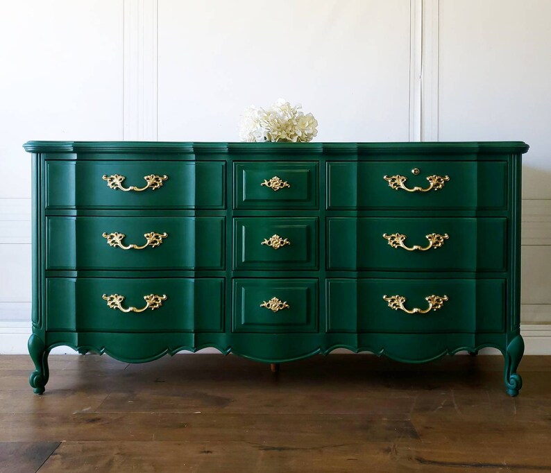 AVAILABLE Free Shipping Emerald Green Boudoir Thomasville Vintage Dresser Glam Shabby Chic French Provincial Bedroom Buffet image 1