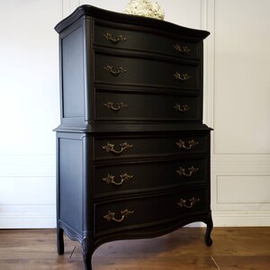 AVAILABLE! Free Shipping! Vintage Black French Provincial Bedroom Highboy Chest Tall Dresser 6 Drawer Shabby Chic Farmhouse Glam Country