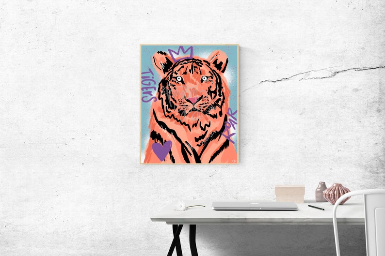 May include: A digital illustration of a tiger with a crown on its head. The tiger is orange and black with a purple heart on its chest. The words "TIGERS" and "ROAR" are written in purple on the background.