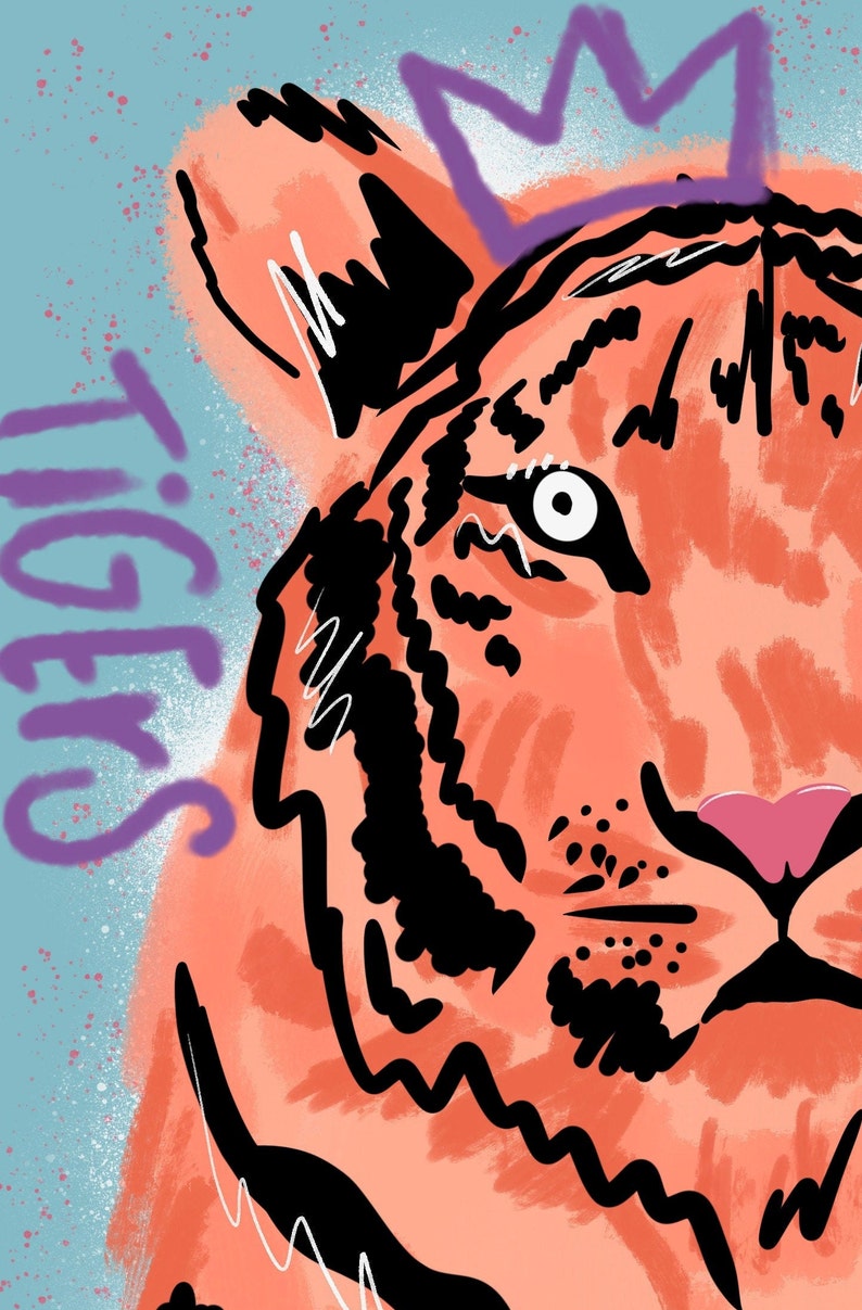 May include: A close-up of a tiger's face with a purple crown above it. The tiger has orange fur with black stripes and a white nose. The background is a light blue with white speckles. The word "Tigers" is written in purple on the left side of the image.