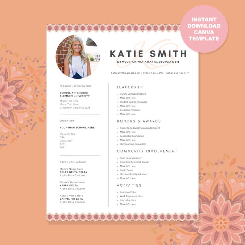 Clemson Resume Examples Sorority Recruitment Resume Template | Sorority Resume Canva Template ...