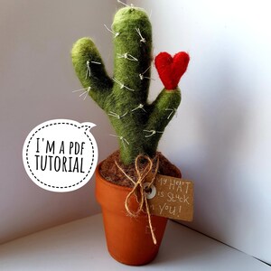 May include: A felt cactus with a red heart on top, sitting in a terracotta pot. A tag attached to the pot reads "My Heart is Stuck on You!" and a speech bubble says "I'm a PDF Tutorial".