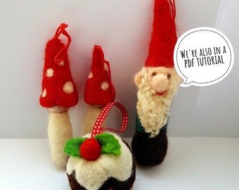 PDF to make three Christmas baubles-printable needle felting tutorial with equipment list -Mary Jane Lillie Felting, Workshops and  Supplies