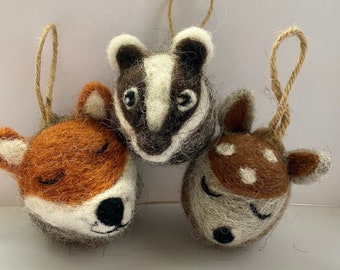 Three needle felted Woodland Christmas decorations handmade using British and merino wool tops