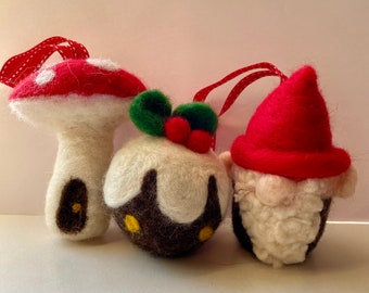 Three needle felted Christmas decorations handmade using British and merino wool tops