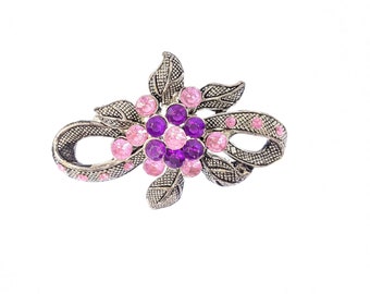 vintage Silver Tone Adorable fleur avec broche strass rose et violet