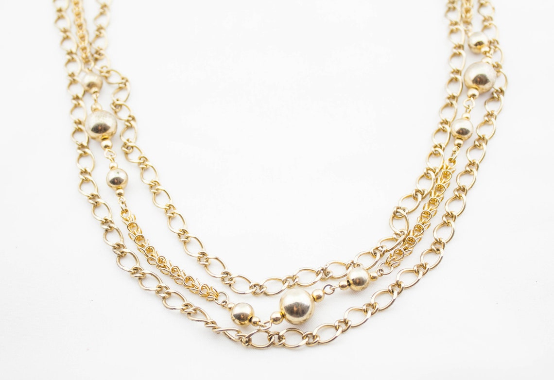 Vintage Triple Strand Gold Tone Metal Chain Beaded Necklace Etsy Hong