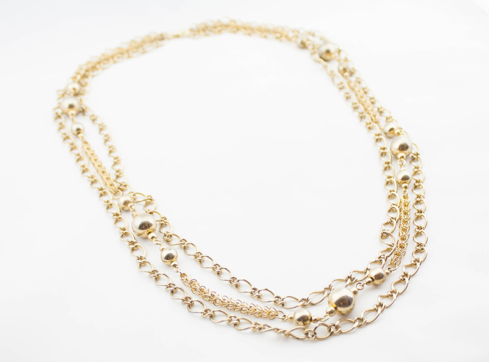 Vintage Triple Strand Gold Tone Metal Chain Beaded Necklace Etsy Hong