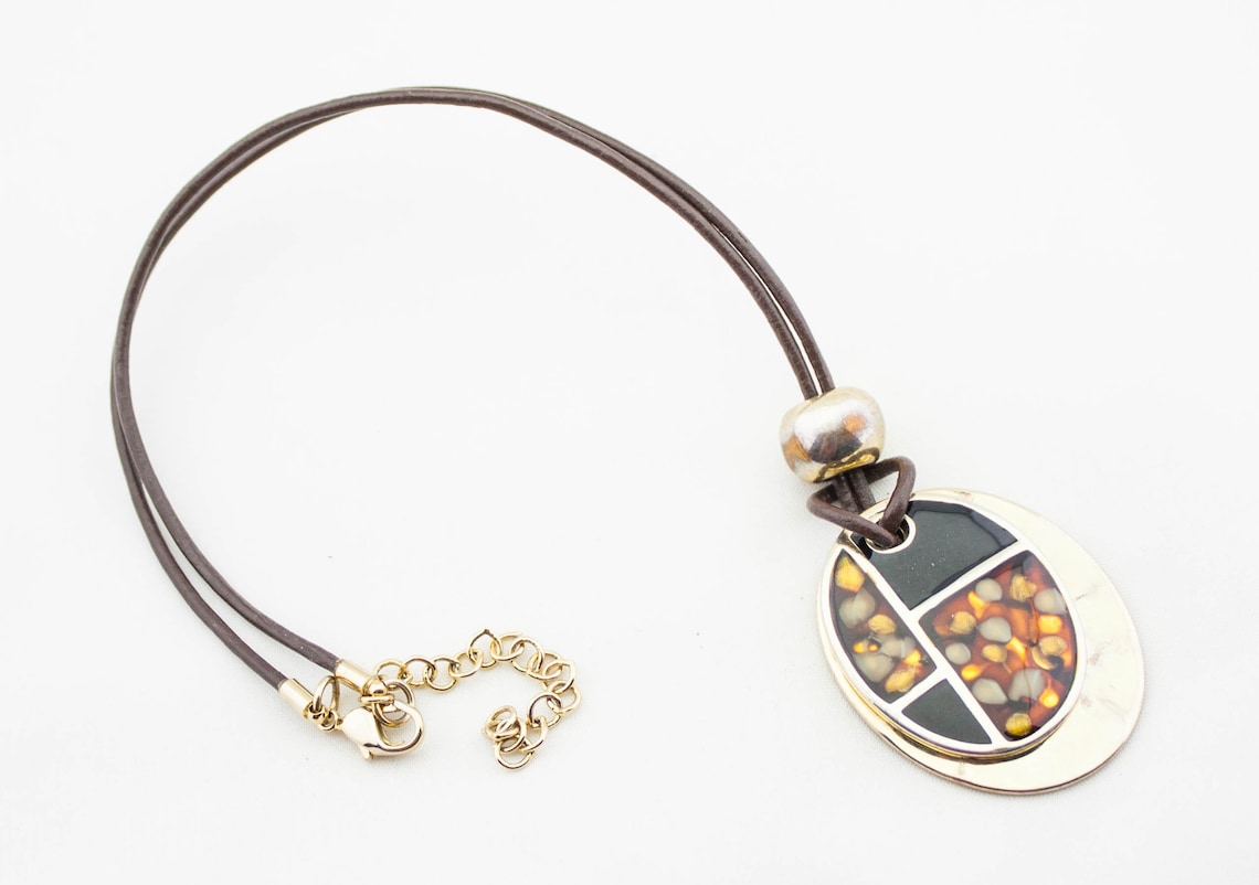 Vintage KC Signed Gold Tone Metal Enameled Oval Double Pendant Etsy