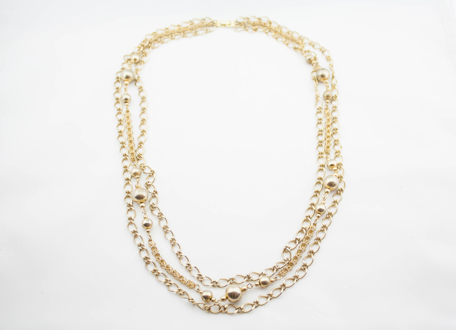 Vintage Triple Strand Gold Tone Metal Chain Beaded Necklace Etsy Hong