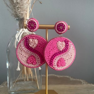 Pink Heart Yin Yang Beaded Earrings - LovedAgain OC - Southern Statement Jewelry - Beaded Earrings - Fashion earrings for her