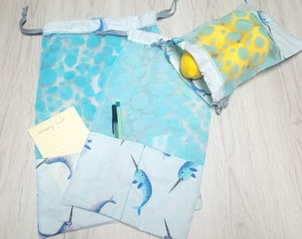 Reusable Grocery Shopping Produce bag, Narwhal Print, Eco friendly Upcycled Gift, Zero Waste Kitchen, Sustainable Living