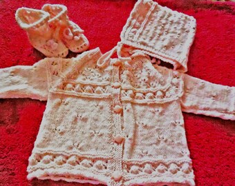 Hand-knitted cardigan, hat and booties set - 3 to 6 months