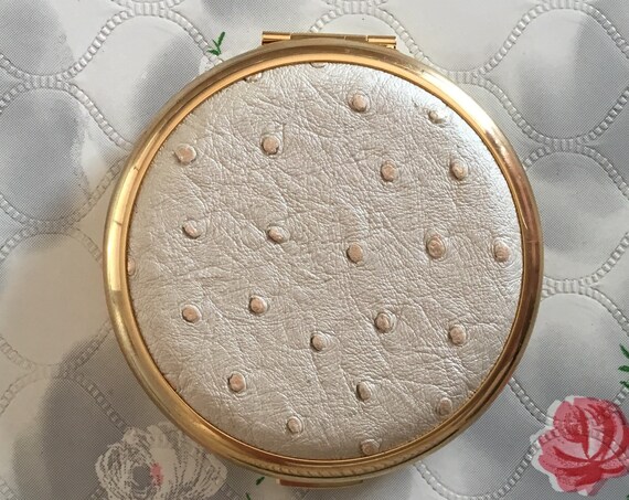 New Stratton faux ostrich leather compact mirror, c 2000 gold tone magnifying dual makeup mirror,