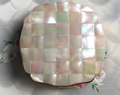 Melissa convertible powder compact with mother of pearl lid, vintage handbag MOP makeup mirror