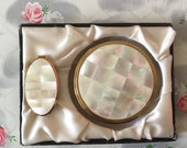 Kigu mother of pearl powder compact, adjustable lipstick holder with lip mirror and gift box, c 1960 gift for her, pearl wedding