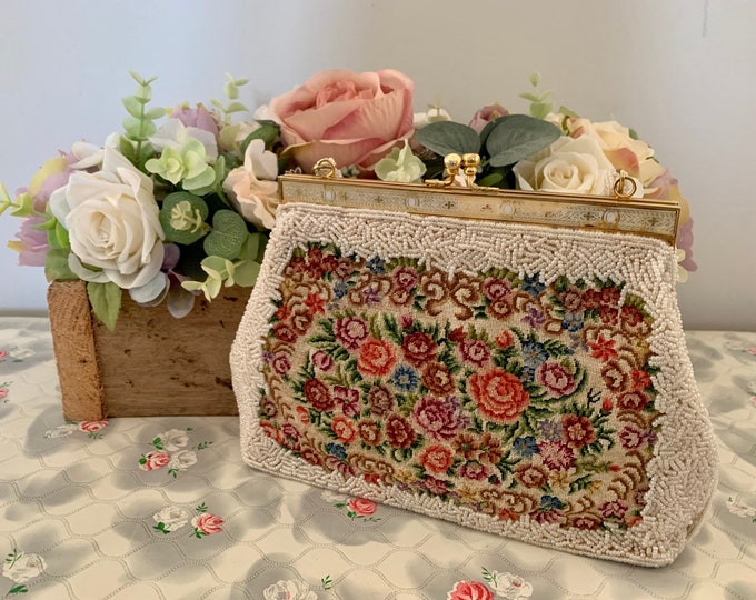 White beaded tapestry bag with blue and pink roses, vintage purse c 1960s or 1970s with wrist handle