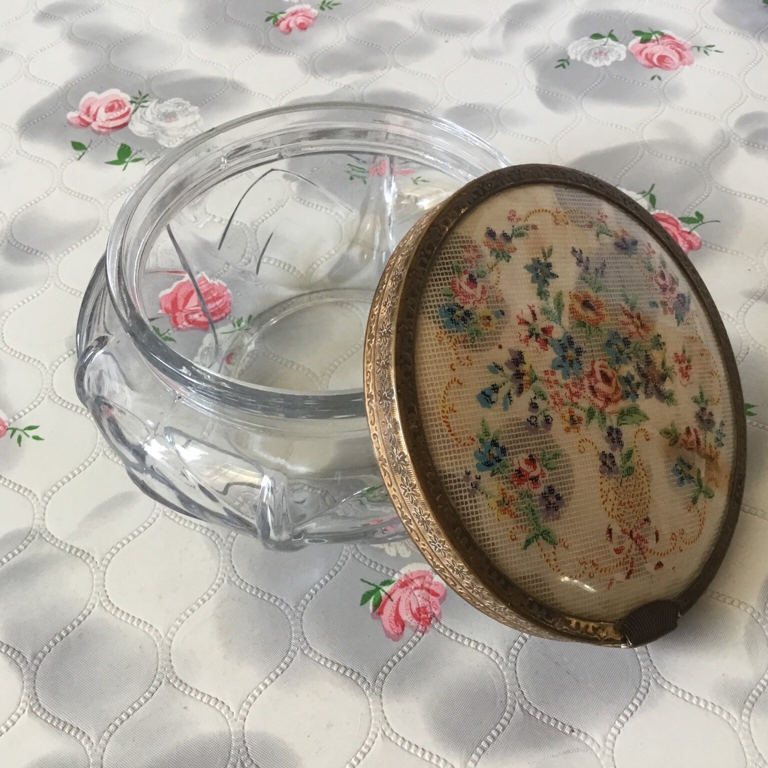 A pair of Vintage pressed glass trinket pots, glass vanity jar set, mid