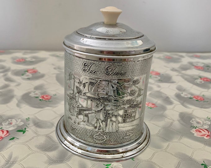 Vintage silver metal tea caddie with Chinese style image, 1950s tea time teabag container