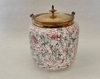 Vintage biscuit barrel or kitchen cookie storage jar, with brass metal lid and handle