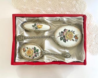 Vintage Regent of London Vanity Set, Yellow Roses hand mirror, hairbrush and clothes brush
