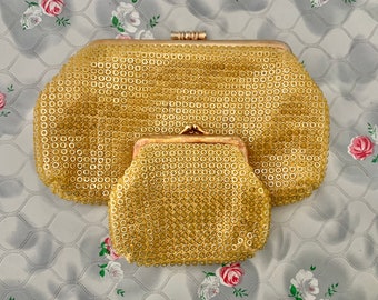 Gold beaded mesh effect clutch bag and coin purse, vintage made in Hong Kong