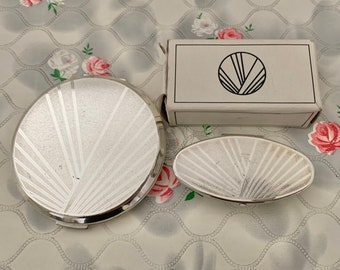 Vintage powder compact silver lip mirror and lipstick holder set