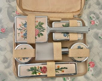 Vanity set with embroidered mirror, hairbrush, powder pots and soap dish, mid century travel set